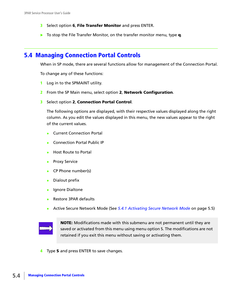 4 managing connection portal controls, Managing connection portal controls | HP 3PAR Service Processors User Manual | Page 52 / 80