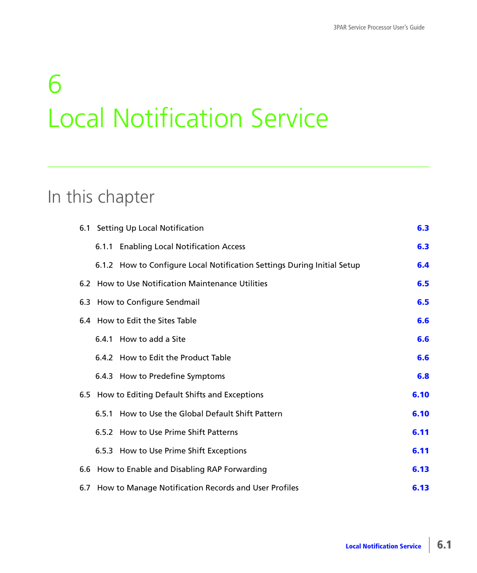 Local notification service, Chapter 6, local notification service, 6 local notification service | HP 3PAR Service Processors User Manual | Page 59 / 80