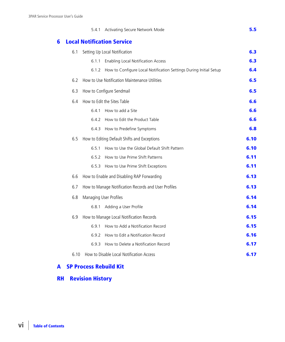 6local notification service, Asp process rebuild kit rh revision history | HP 3PAR Service Processors User Manual | Page 6 / 80