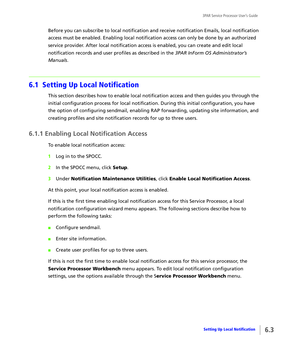 1 setting up local notification, 1 enabling local notification access, Setting up local notification | Enabling local notification access | HP 3PAR Service Processors User Manual | Page 61 / 80