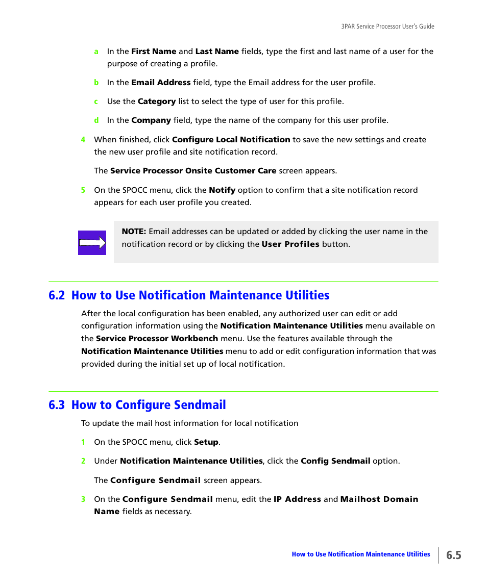 2 how to use notification maintenance utilities, 3 how to configure sendmail, How to use notification maintenance utilities | How to configure sendmail, 2 how to use notification maintenance, Utilities | HP 3PAR Service Processors User Manual | Page 63 / 80