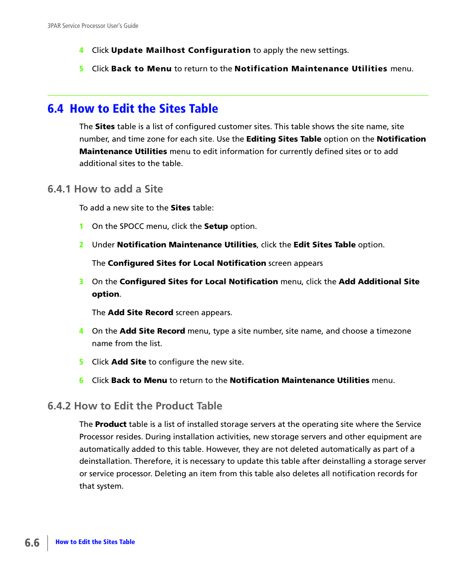 4 how to edit the sites table, 1 how to add a site, 2 how to edit the product table | How to edit the sites table, How to add a site, How to edit the product table | HP 3PAR Service Processors User Manual | Page 64 / 80