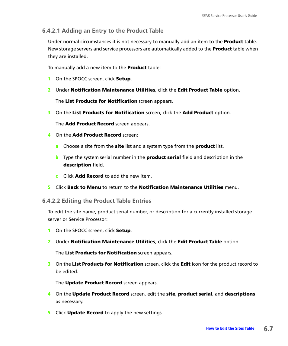 1 adding an entry to the product table, 2 editing the product table entries | HP 3PAR Service Processors User Manual | Page 65 / 80