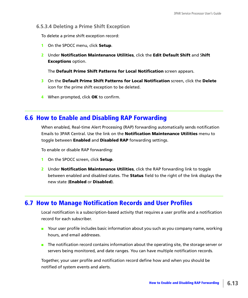 6 how to enable and disabling rap forwarding, How to enable and disabling rap forwarding, 4 deleting a prime shift exception | HP 3PAR Service Processors User Manual | Page 71 / 80