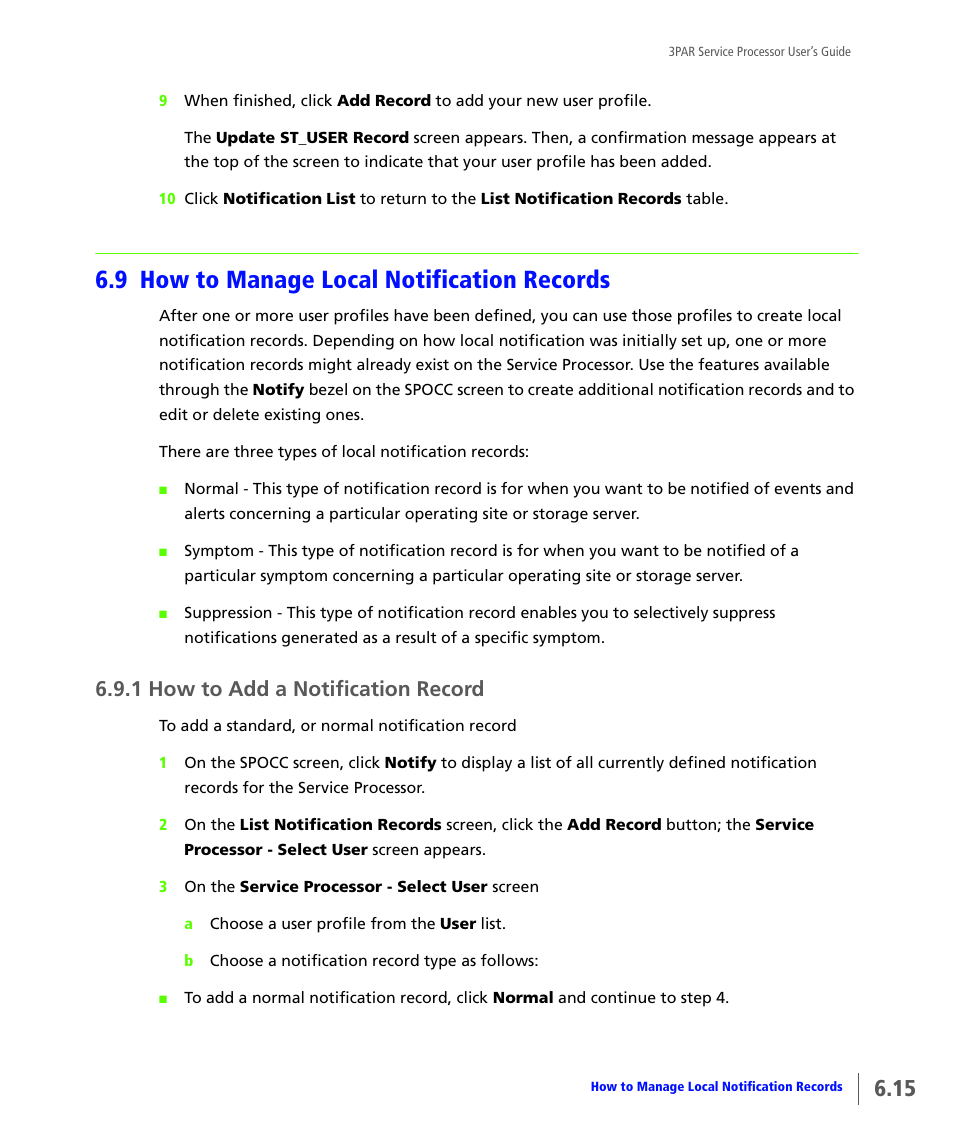 9 how to manage local notification records, 1 how to add a notification record, How to manage local notification records | How to add a notification record | HP 3PAR Service Processors User Manual | Page 73 / 80