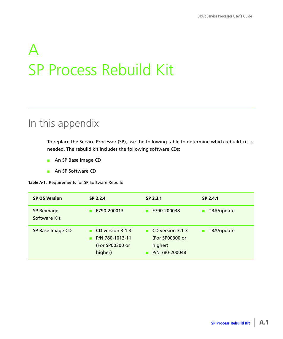 Sp process rebuild kit, A sp process rebuild kit | HP 3PAR Service Processors User Manual | Page 77 / 80