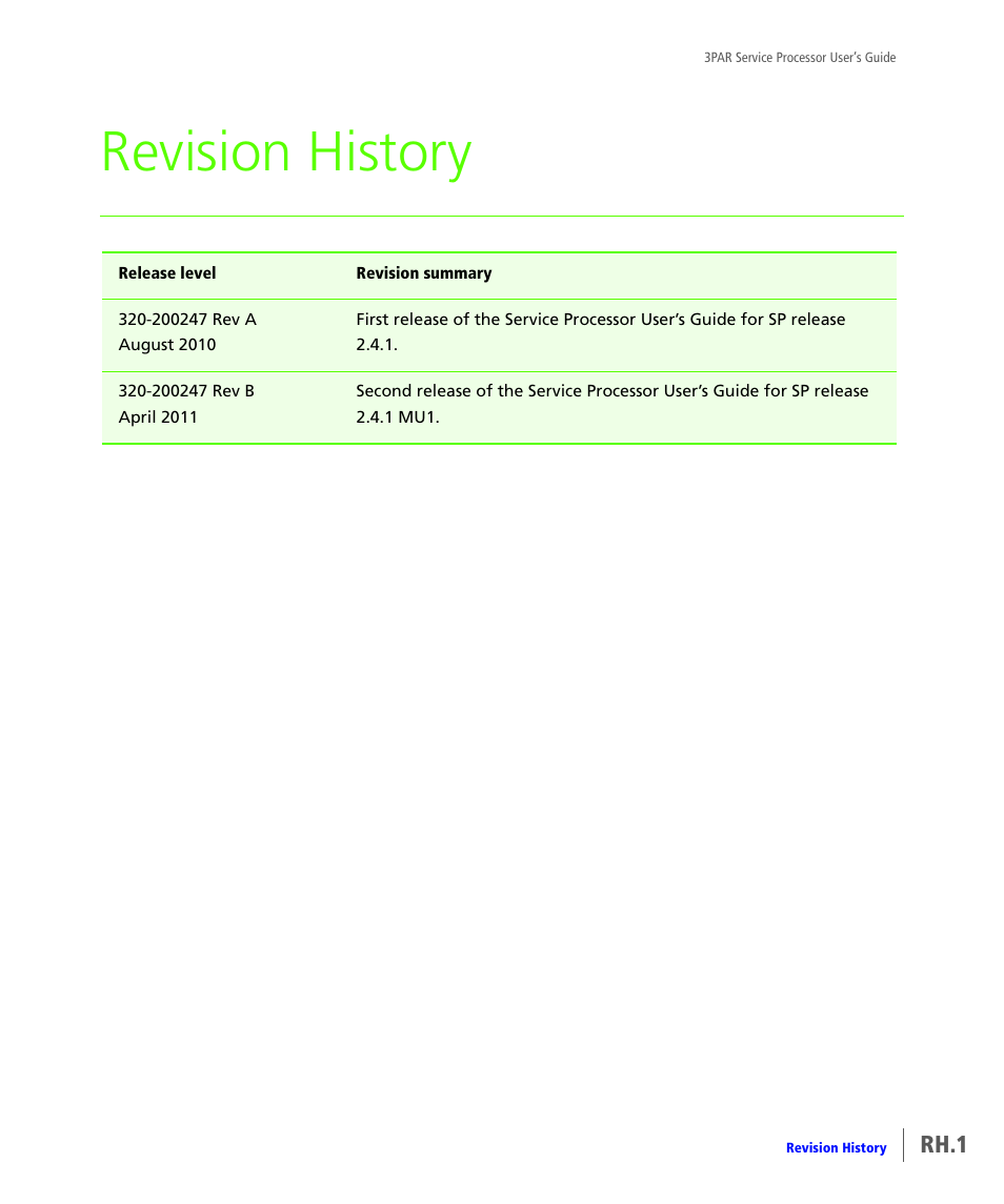Revision history, Rh.1 | HP 3PAR Service Processors User Manual | Page 79 / 80