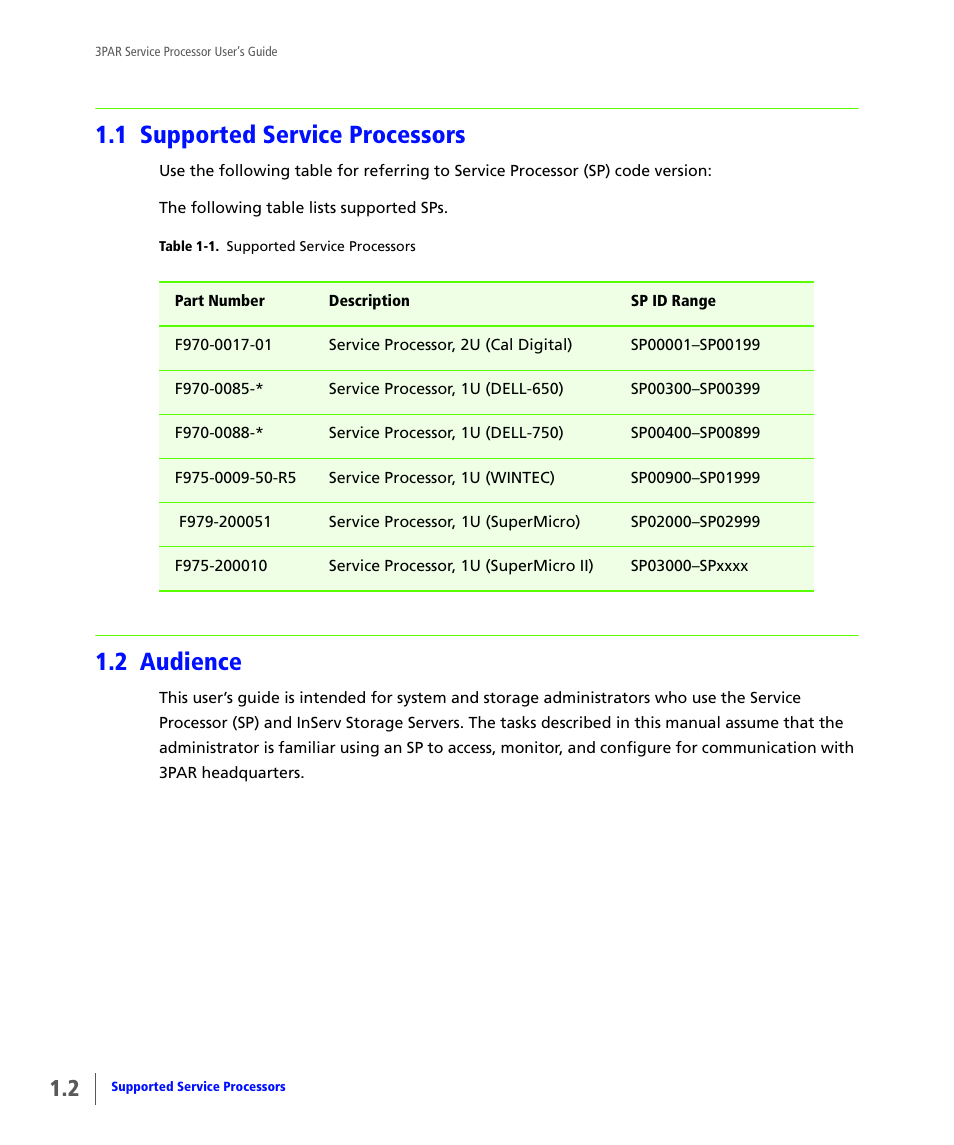 1 supported service processors, 2 audience, Supported service processors | Audience | HP 3PAR Service Processors User Manual | Page 8 / 80