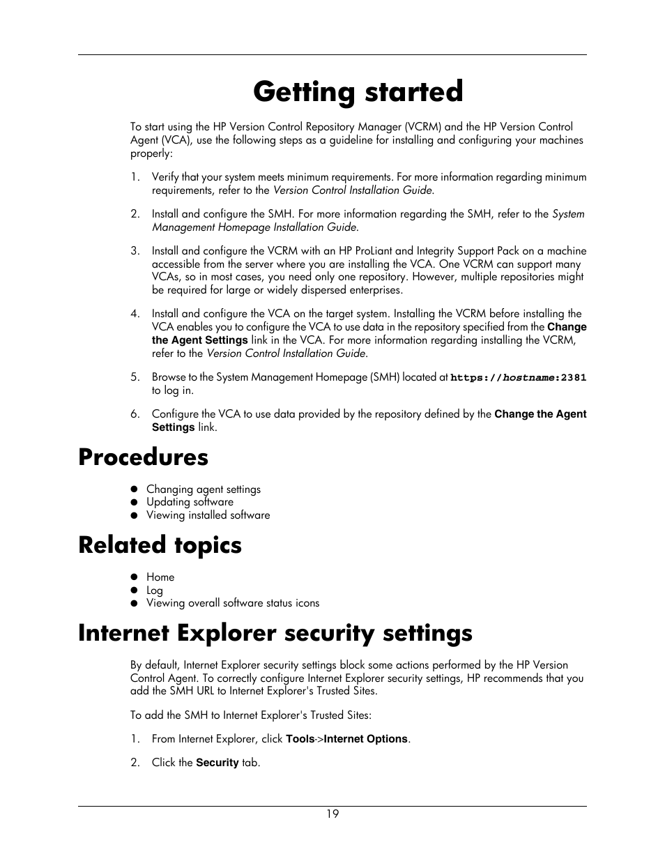 Getting started, Procedures, Related topics | Internet explorer security settings, 19 related topics, 19 internet explorer security settings | HP Integrity rx5670 Server User Manual | Page 19 / 55