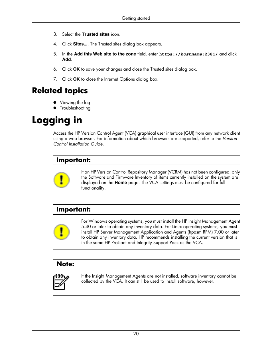 Logging in, Related topics, Important | HP Integrity rx5670 Server User Manual | Page 20 / 55