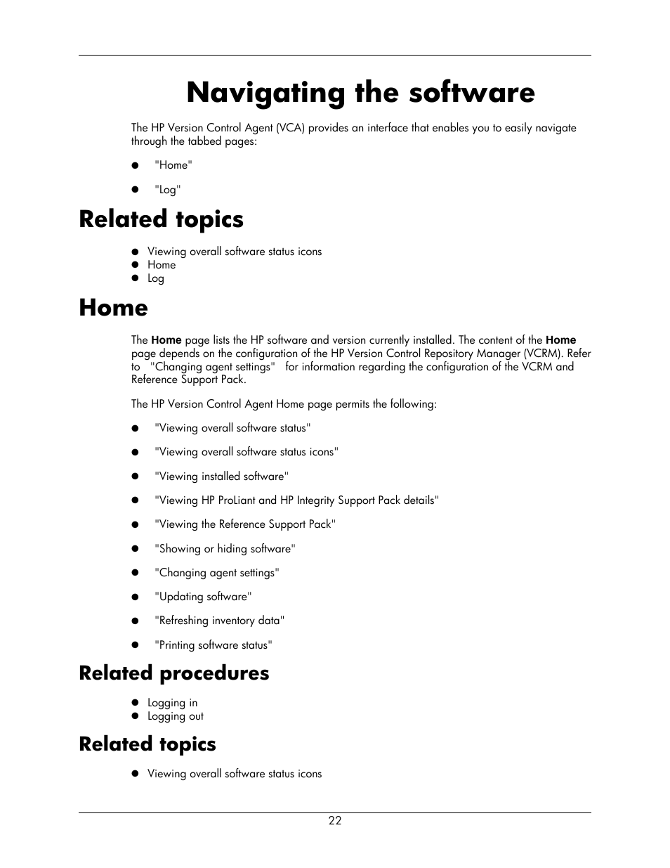 Navigating the software, Related topics, Home | Related procedures, 22 home, 22 related topics | HP Integrity rx5670 Server User Manual | Page 22 / 55