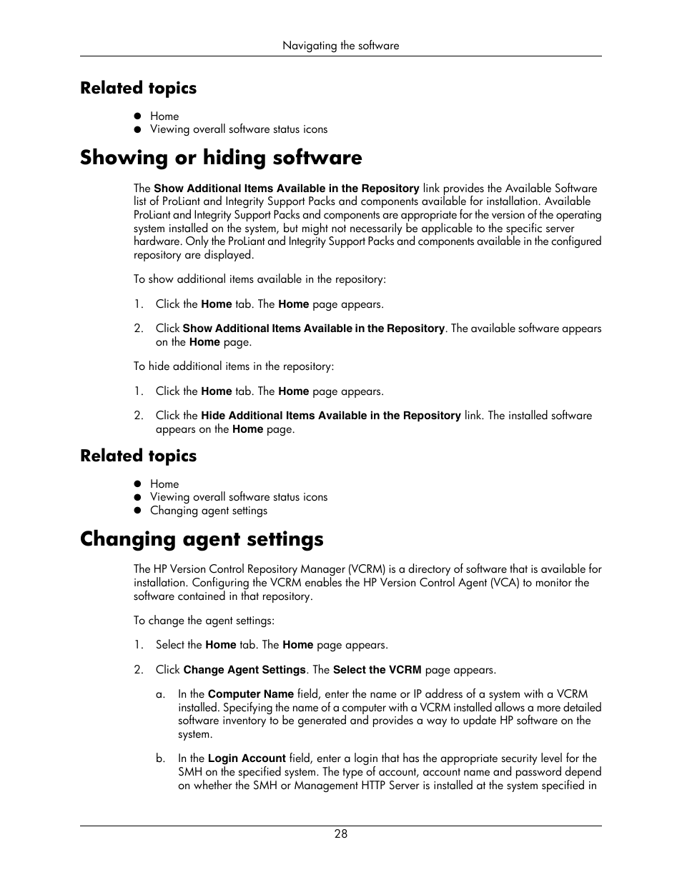 Related topics, Showing or hiding software, Changing agent settings | To "changing agent settings, The "changing agent settings | HP Integrity rx5670 Server User Manual | Page 28 / 55