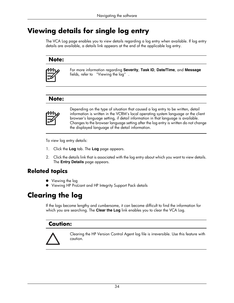 Viewing details for single log entry, Related topics, Clearing the log | Caution | HP Integrity rx5670 Server User Manual | Page 34 / 55