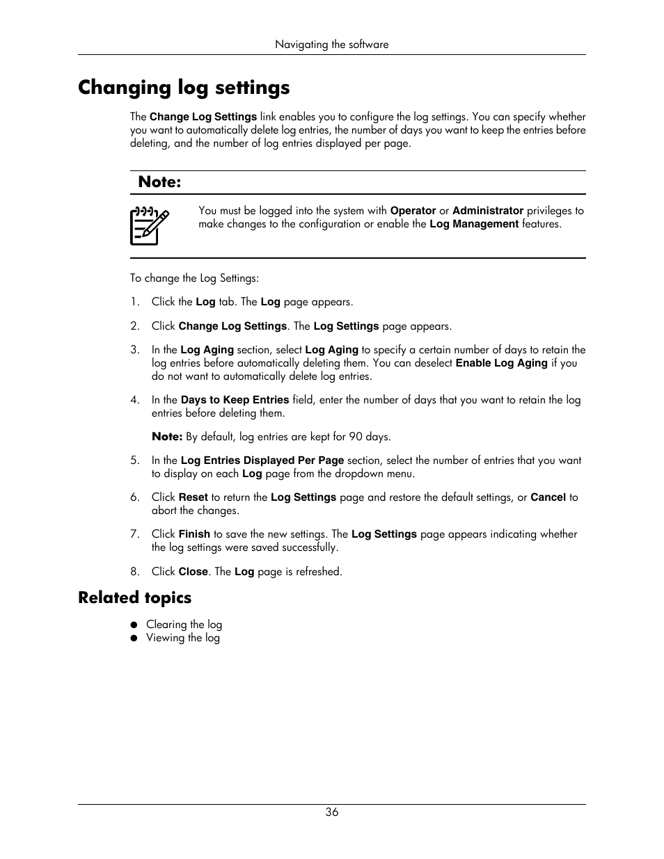 Changing log settings, Related topics | HP Integrity rx5670 Server User Manual | Page 36 / 55