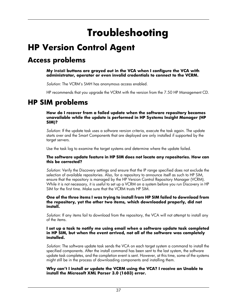 Troubleshooting, Hp version control agent, Access problems | Hp sim problems, 37 hp sim problems | HP Integrity rx5670 Server User Manual | Page 37 / 55