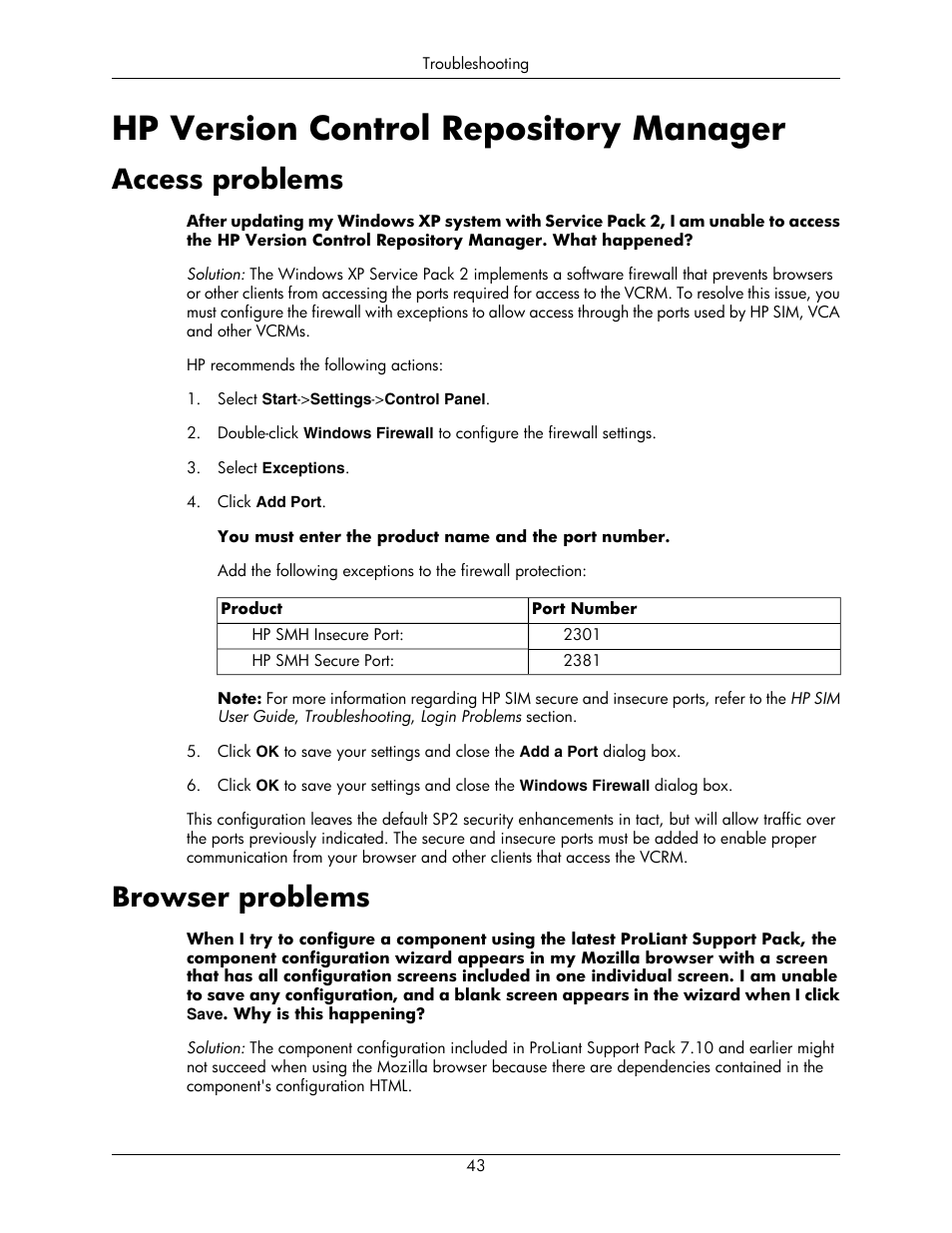 Hp version control repository manager, Access problems, Browser problems | 43 browser problems | HP Integrity rx5670 Server User Manual | Page 43 / 55