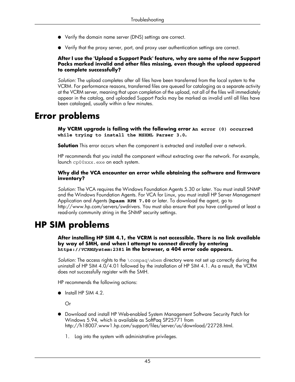 Error problems, Hp sim problems, 45 hp sim problems | HP Integrity rx5670 Server User Manual | Page 45 / 55