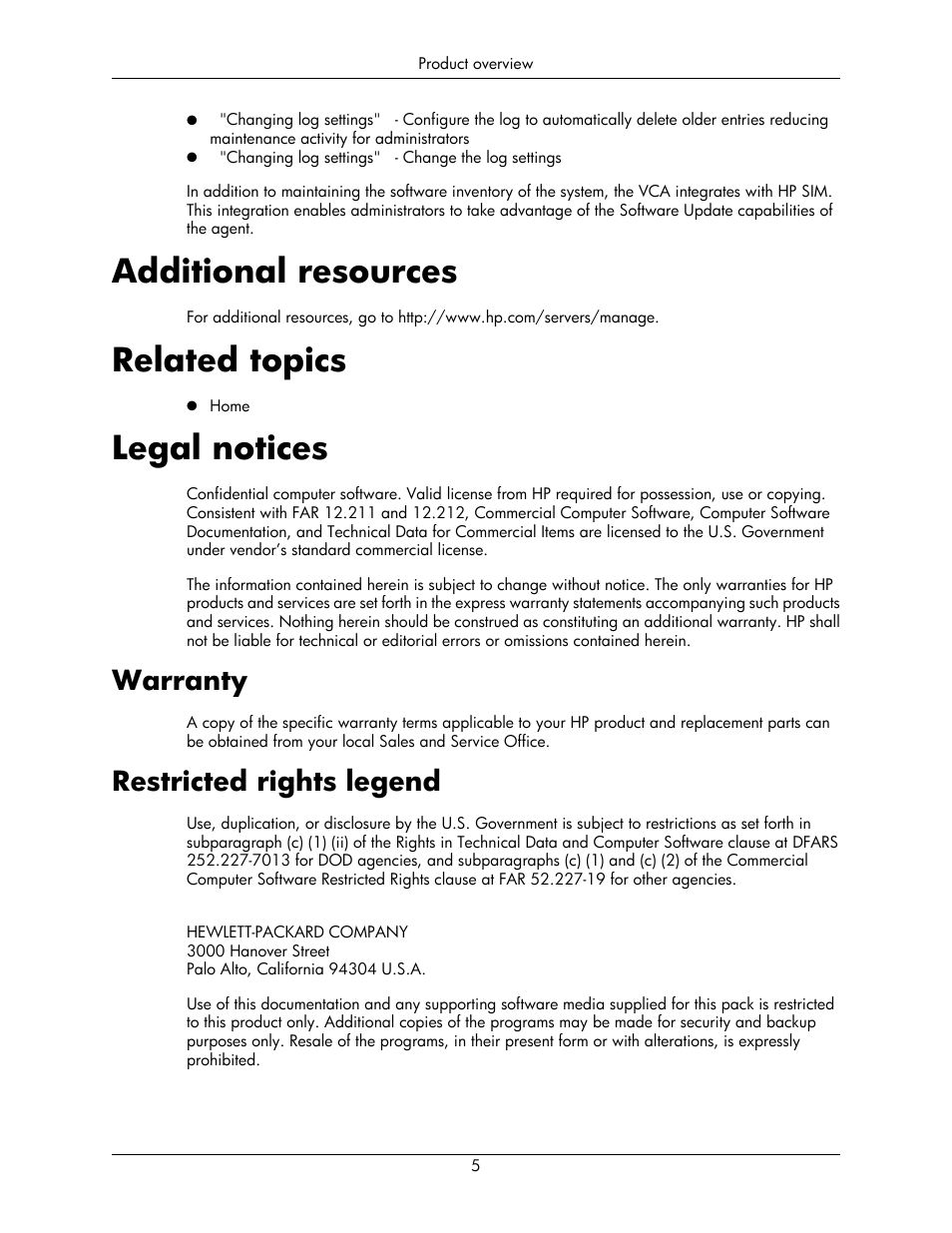 Additional resources, Related topics, Legal notices | Warranty, Restricted rights legend, 5 related topics, 5 legal notices, 5 restricted rights legend | HP Integrity rx5670 Server User Manual | Page 5 / 55