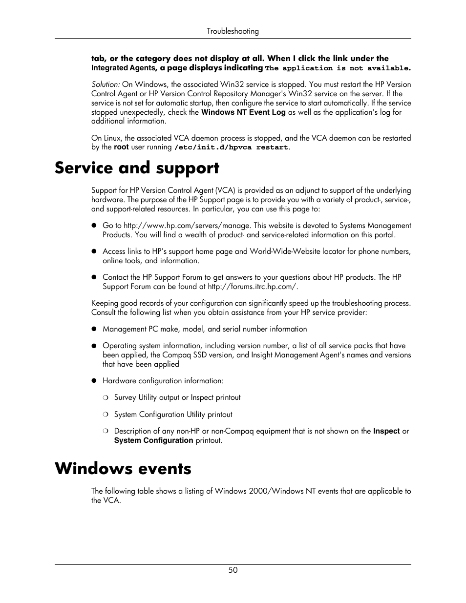 Service and support, Windows events, 50 windows events | HP Integrity rx5670 Server User Manual | Page 50 / 55