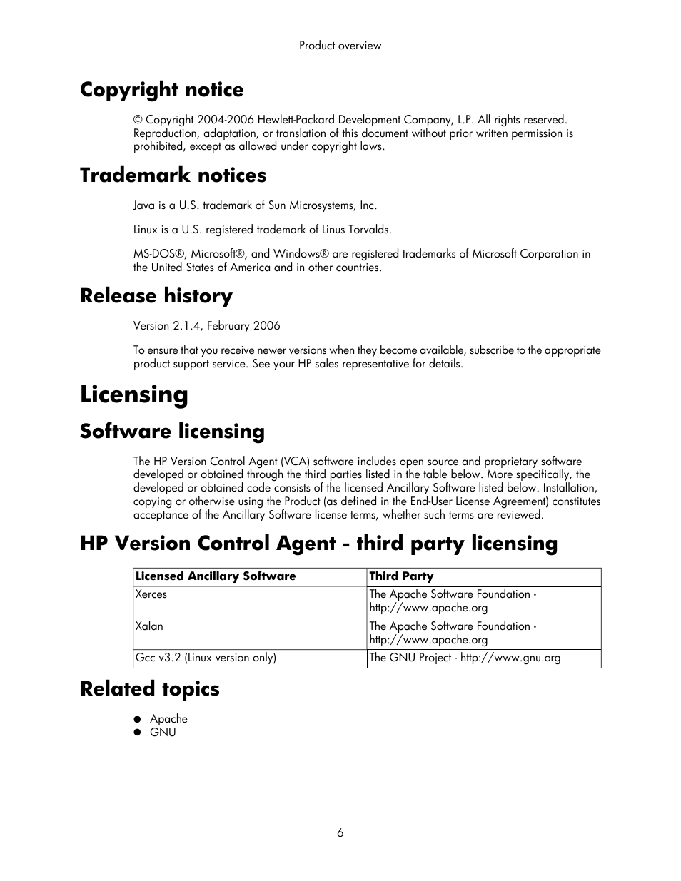 Copyright notice, Trademark notices, Release history | Licensing, Software licensing, Hp version control agent - third party licensing, Related topics, 6 trademark notices, 6 release history, 6 hp version control agent - third party licensing | HP Integrity rx5670 Server User Manual | Page 6 / 55