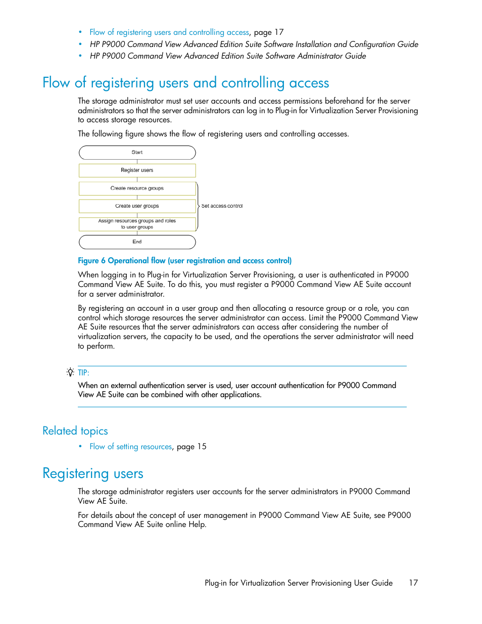 Flow of registering users and controlling access, Registering users, 17 registering users | Related topics | HP XP Array Manager Software User Manual | Page 17 / 46