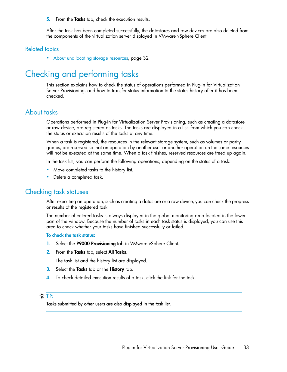 Checking and performing tasks, About tasks, Checking task statuses | 33 checking task statuses | HP XP Array Manager Software User Manual | Page 33 / 46
