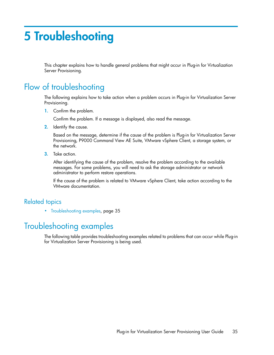 5 troubleshooting, Flow of troubleshooting, Troubleshooting examples | 35 troubleshooting examples | HP XP Array Manager Software User Manual | Page 35 / 46