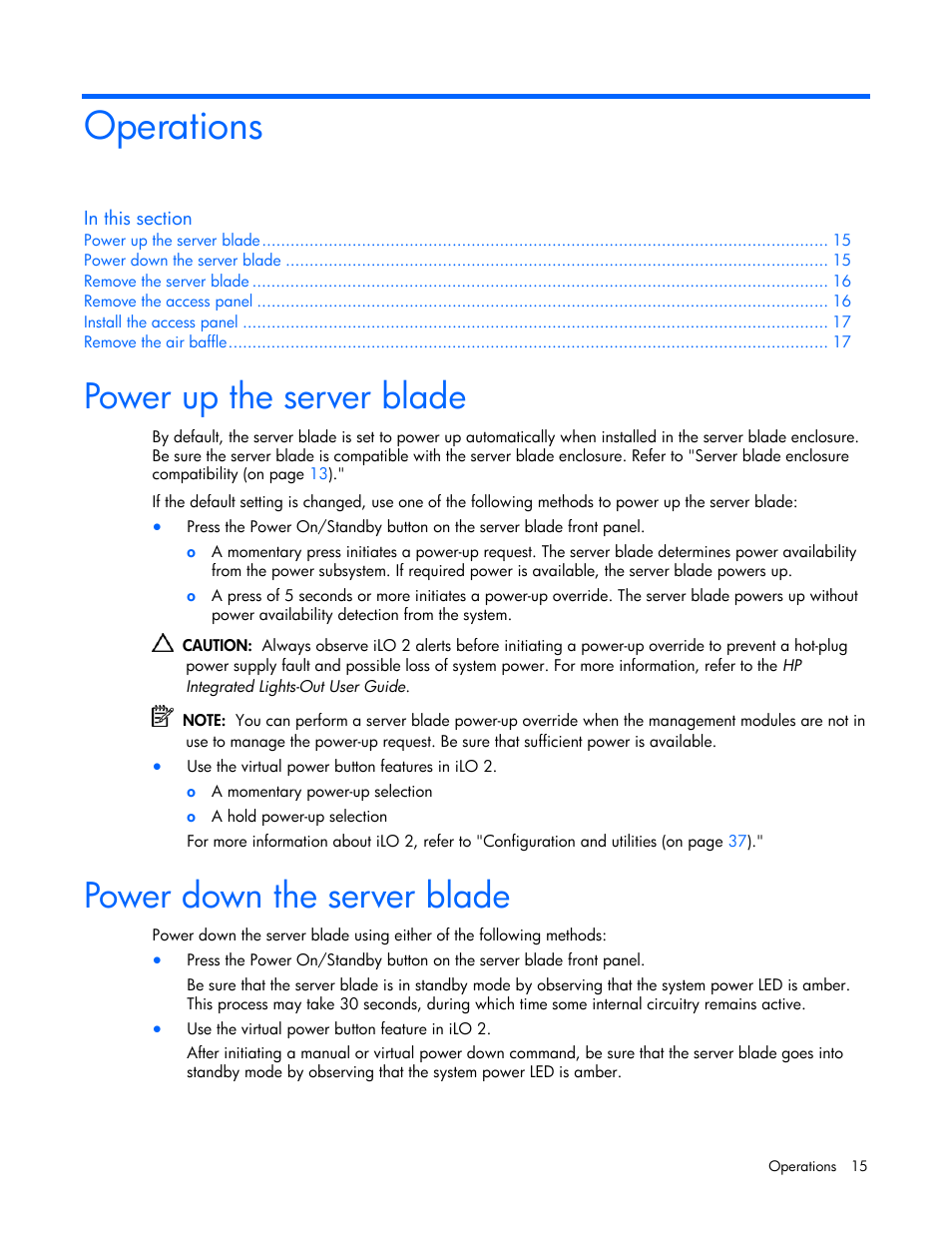 Operations, Power up the server blade, Power down the server blade | HP ProLiant BL20p G4 Server-Blade User Manual | Page 15 / 91