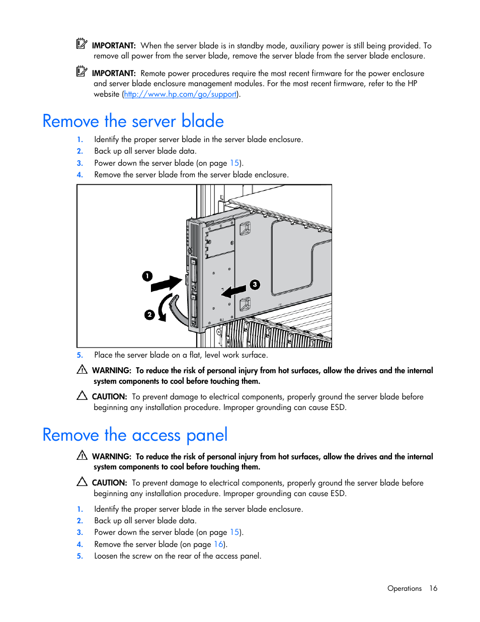 Remove the server blade, Remove the access panel | HP ProLiant BL20p G4 Server-Blade User Manual | Page 16 / 91