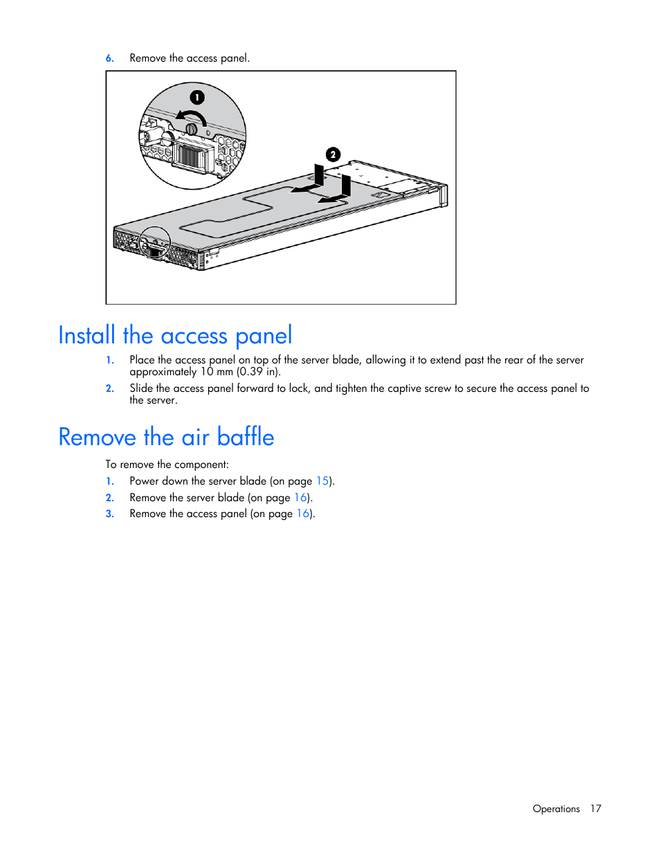 Install the access panel, Remove the air baffle | HP ProLiant BL20p G4 Server-Blade User Manual | Page 17 / 91