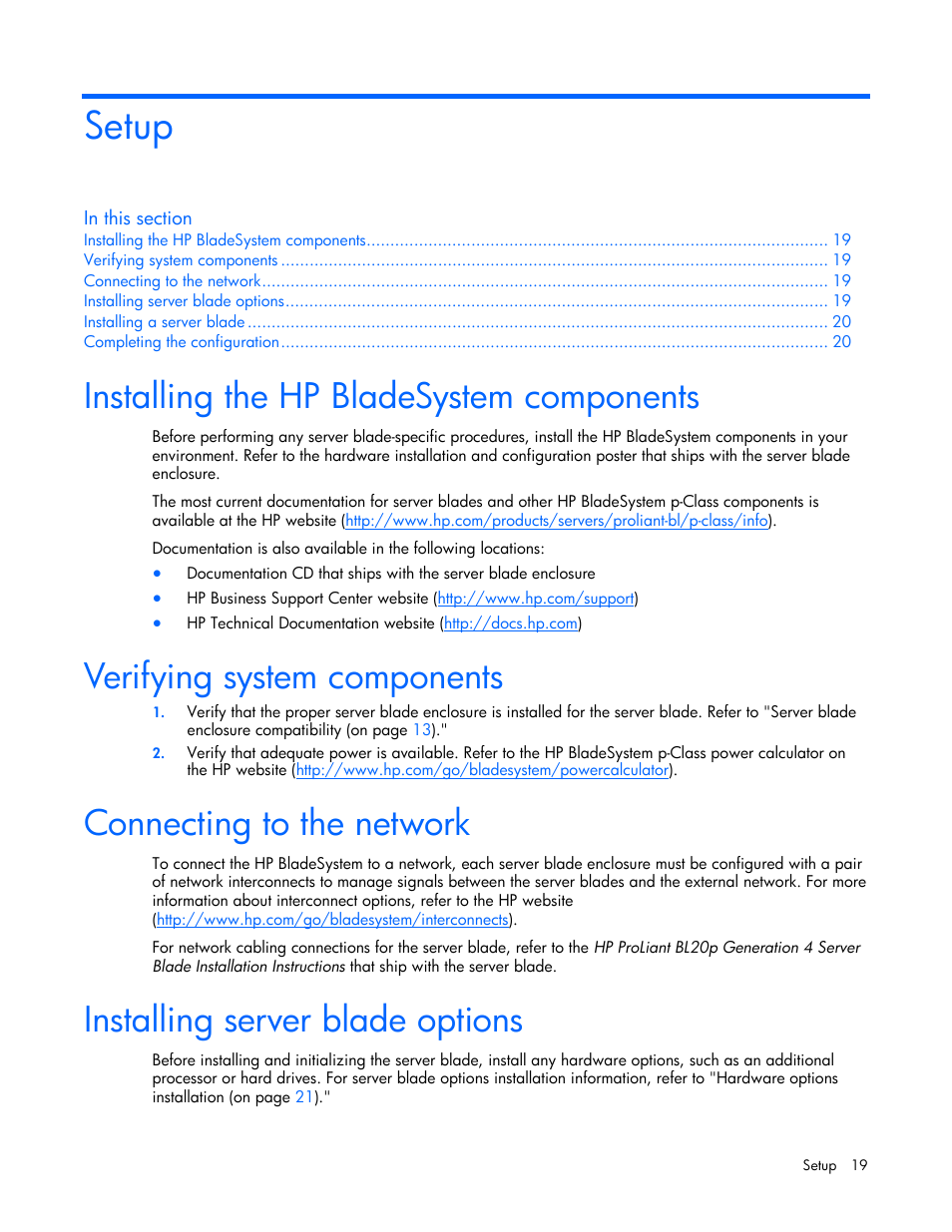 Setup, Installing the hp bladesystem components, Verifying system components | Connecting to the network, Installing server blade options | HP ProLiant BL20p G4 Server-Blade User Manual | Page 19 / 91