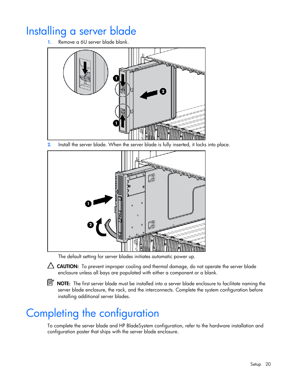 Installing a server blade, Completing the configuration | HP ProLiant BL20p G4 Server-Blade User Manual | Page 20 / 91