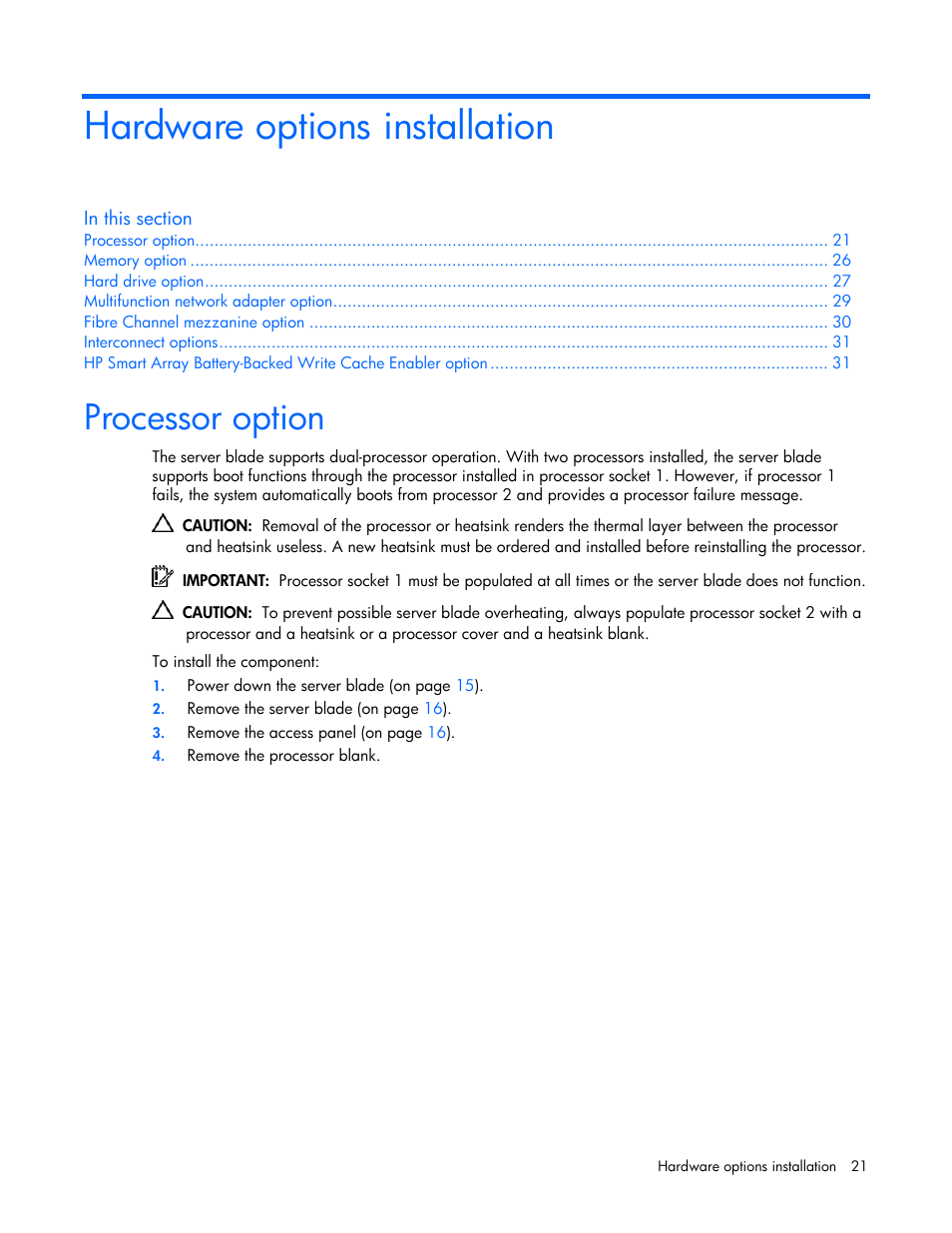 Hardware options installation, Processor option | HP ProLiant BL20p G4 Server-Blade User Manual | Page 21 / 91