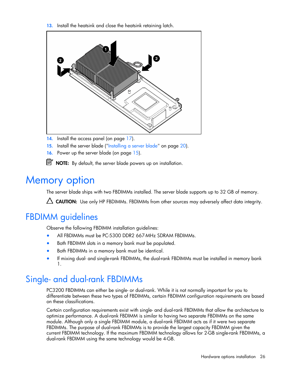 Memory option, Fbdimm guidelines, Single- and dual-rank fbdimms | HP ProLiant BL20p G4 Server-Blade User Manual | Page 26 / 91