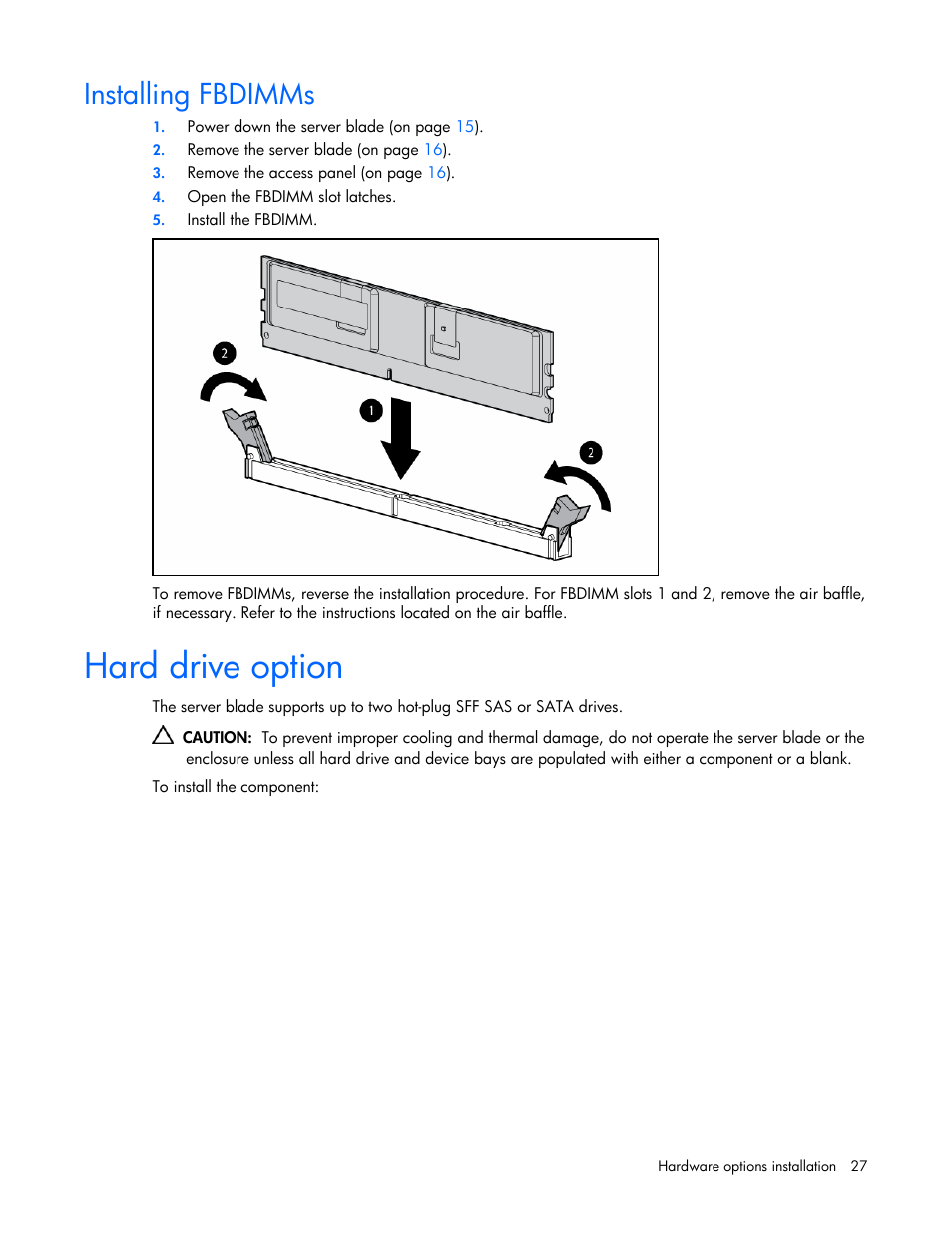 Installing fbdimms, Hard drive option | HP ProLiant BL20p G4 Server-Blade User Manual | Page 27 / 91