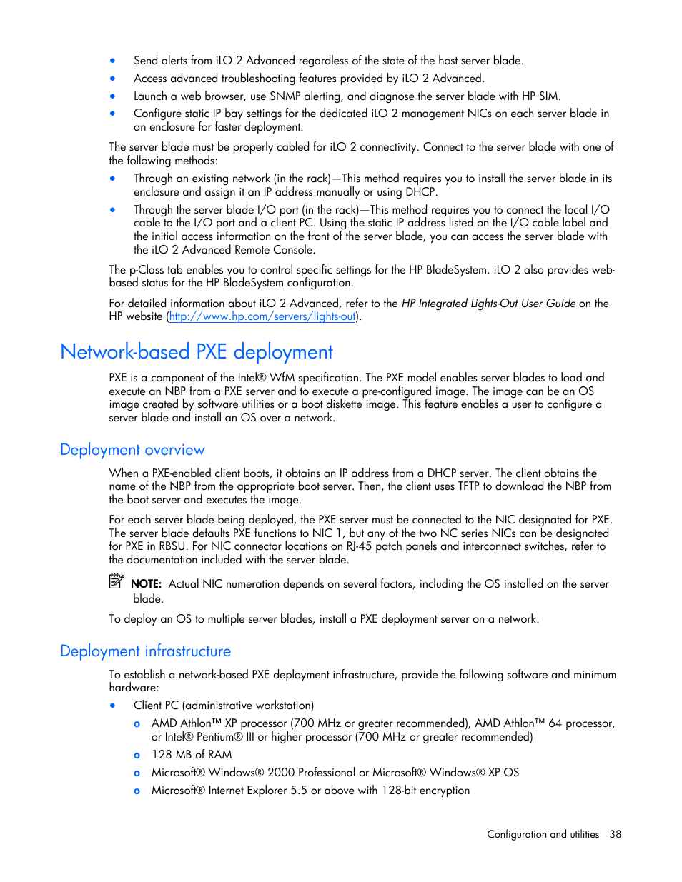 Network-based pxe deployment, Deployment overview, Deployment infrastructure | HP ProLiant BL20p G4 Server-Blade User Manual | Page 38 / 91