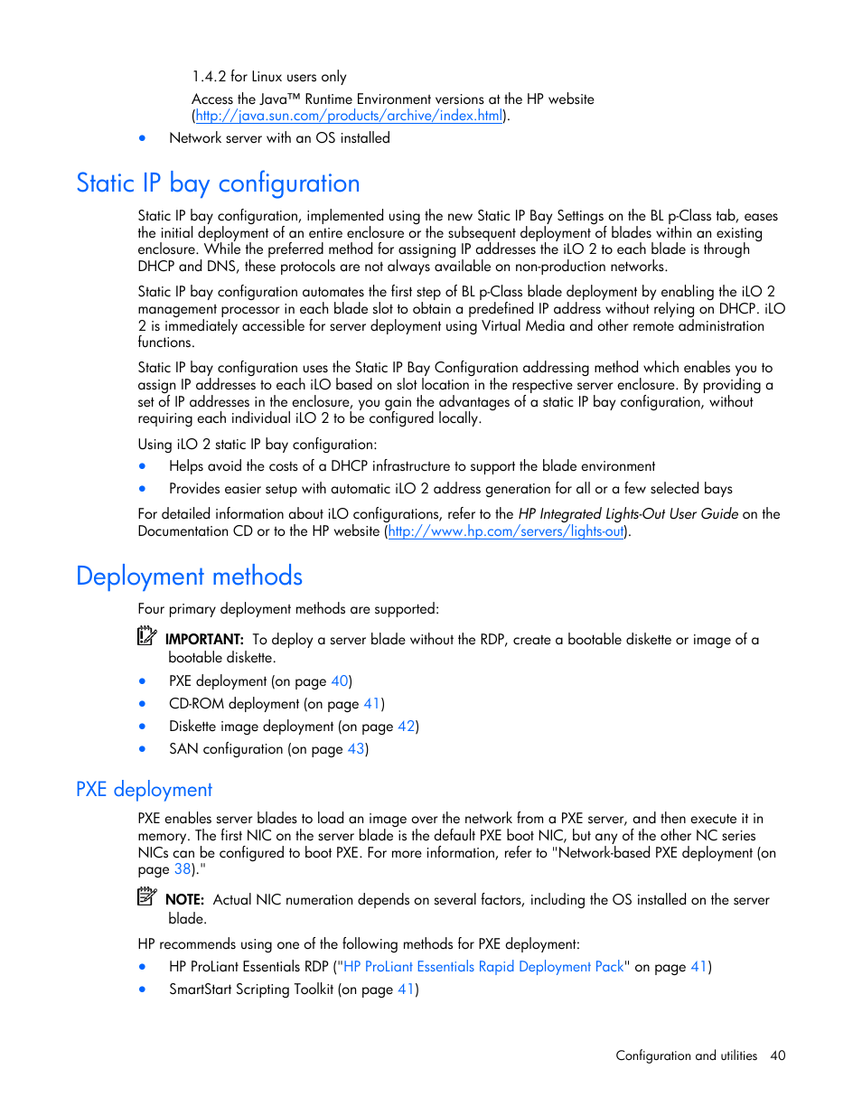 Static ip bay configuration, Deployment methods, Pxe deployment | HP ProLiant BL20p G4 Server-Blade User Manual | Page 40 / 91