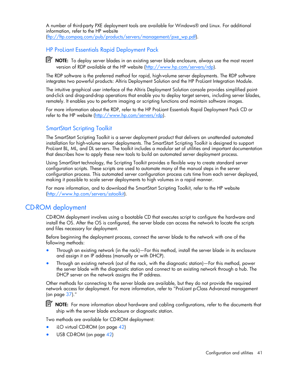 Cd-rom deployment, Hp proliant essentials rapid deployment pack | HP ProLiant BL20p G4 Server-Blade User Manual | Page 41 / 91