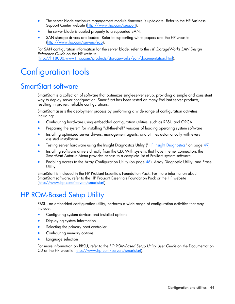 Configuration tools, Smartstart software, Hp rom-based setup utility | HP ProLiant BL20p G4 Server-Blade User Manual | Page 44 / 91