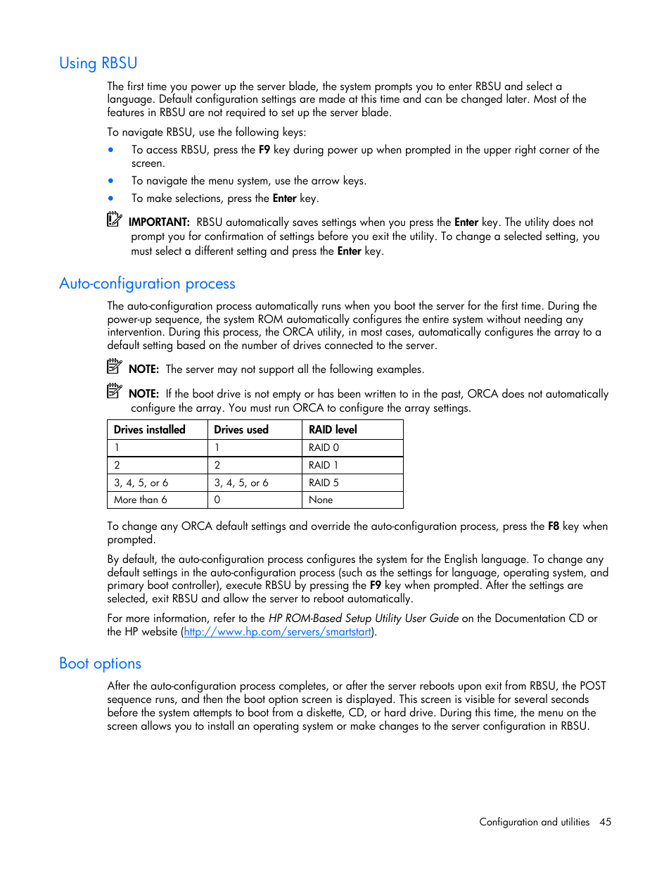 Using rbsu, Auto-configuration process, Boot options | HP ProLiant BL20p G4 Server-Blade User Manual | Page 45 / 91