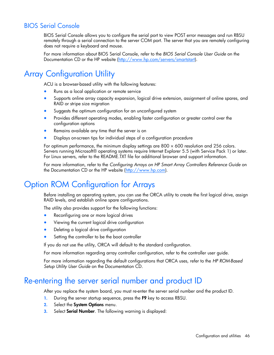 Bios serial console, Array configuration utility, Option rom configuration for arrays | Array diagnostic utility, and e | HP ProLiant BL20p G4 Server-Blade User Manual | Page 46 / 91