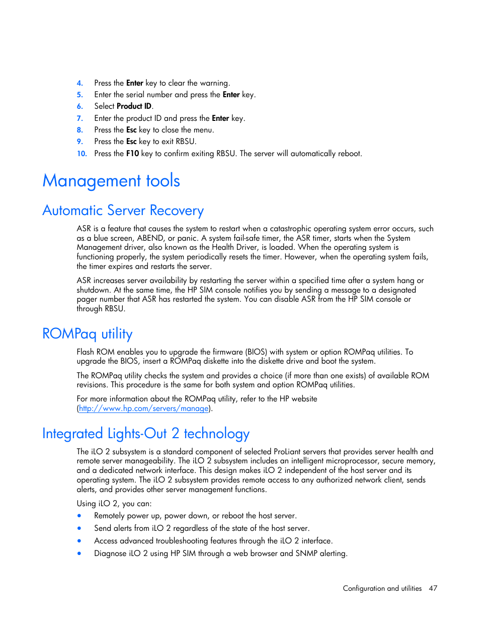 Management tools, Automatic server recovery, Rompaq utility | Integrated lights-out 2 technology | HP ProLiant BL20p G4 Server-Blade User Manual | Page 47 / 91