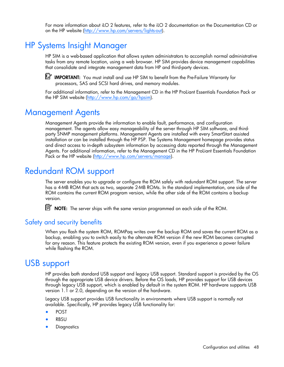 Hp systems insight manager, Management agents, Redundant rom support | Safety and security benefits, Usb support | HP ProLiant BL20p G4 Server-Blade User Manual | Page 48 / 91