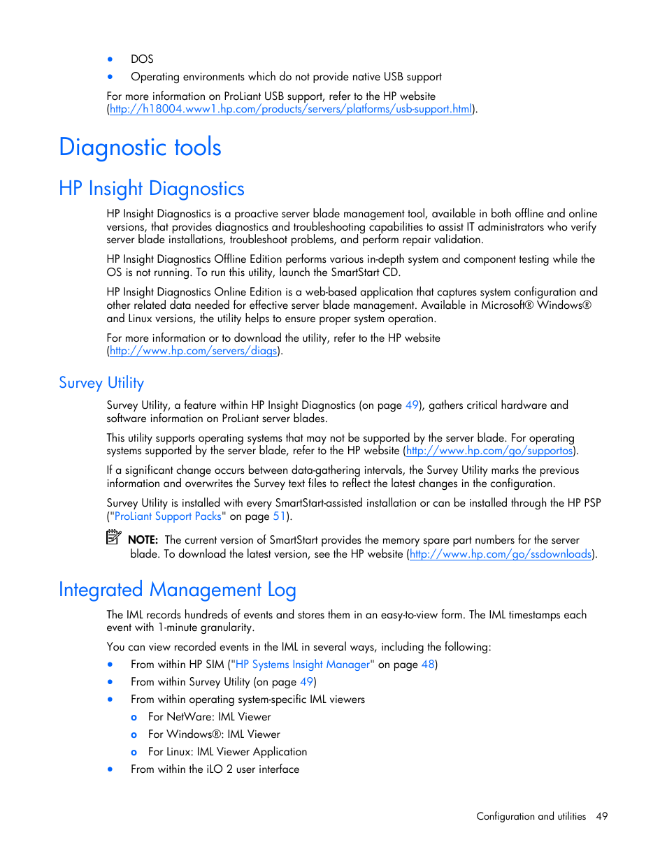 Diagnostic tools, Hp insight diagnostics, Survey utility | Integrated management log | HP ProLiant BL20p G4 Server-Blade User Manual | Page 49 / 91