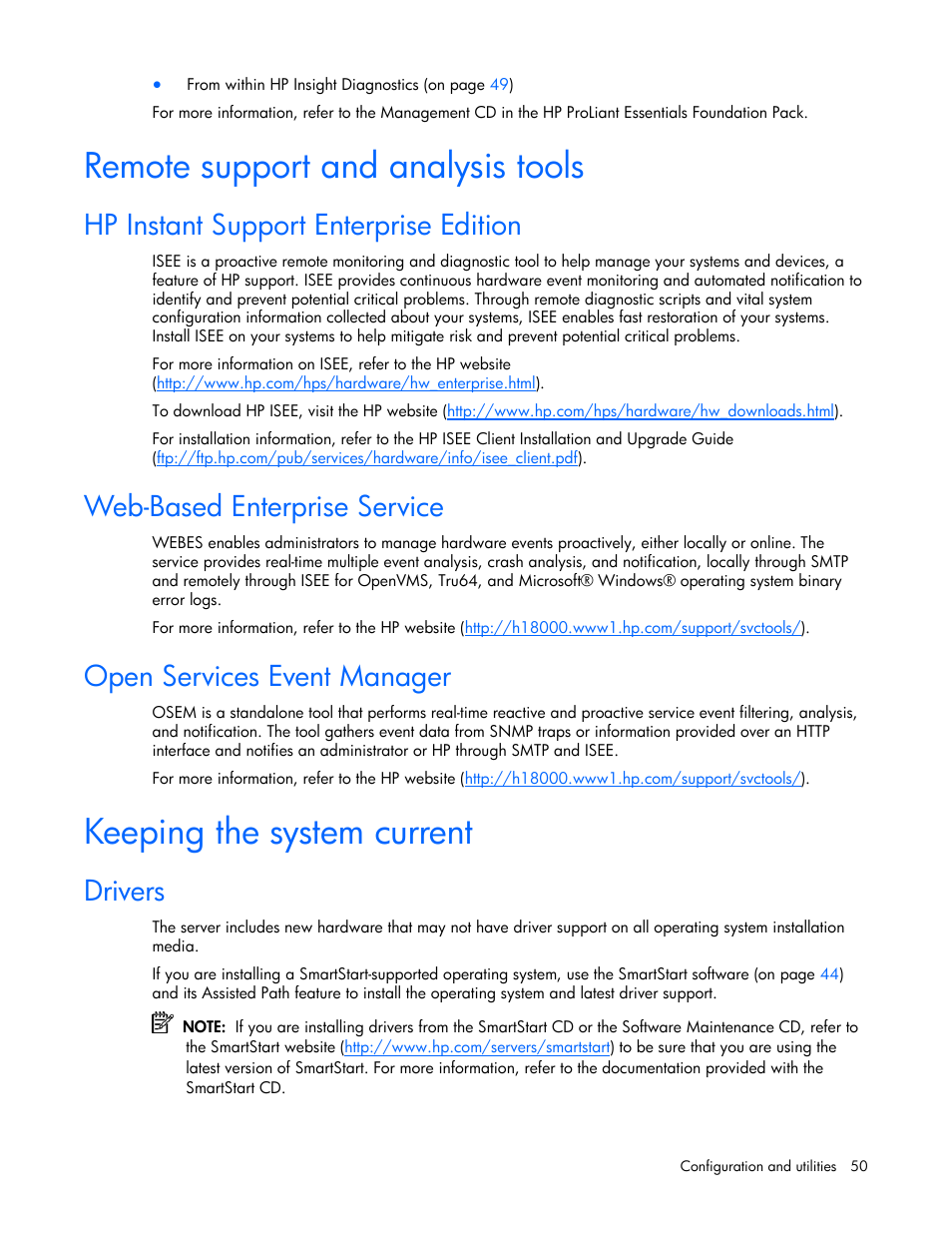 Remote support and analysis tools, Hp instant support enterprise edition, Web-based enterprise service | Open services event manager, Keeping the system current, Drivers | HP ProLiant BL20p G4 Server-Blade User Manual | Page 50 / 91