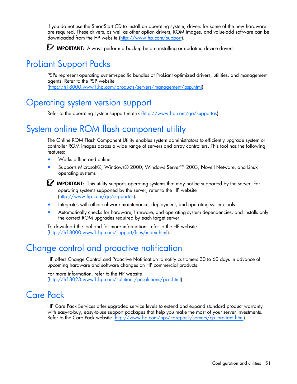 Proliant support packs, Operating system version support, System online rom flash component utility | Change control and proactive notification, Care pack | HP ProLiant BL20p G4 Server-Blade User Manual | Page 51 / 91