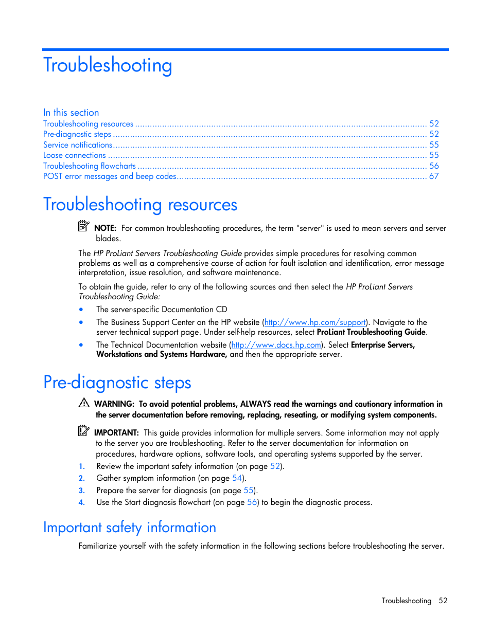 Troubleshooting, Troubleshooting resources, Pre-diagnostic steps | Important safety information | HP ProLiant BL20p G4 Server-Blade User Manual | Page 52 / 91