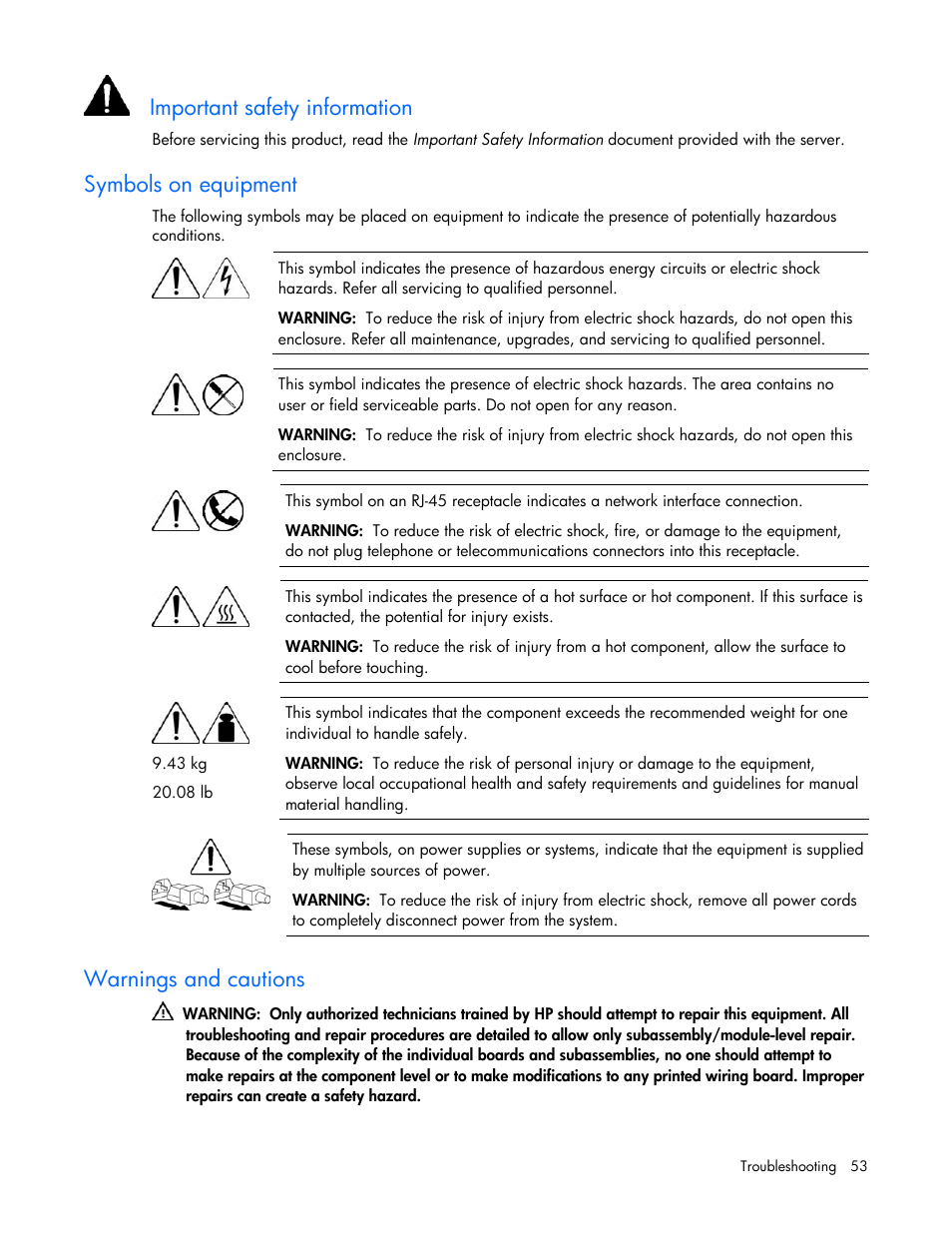 Symbols on equipment, Warnings and cautions, Important safety information | HP ProLiant BL20p G4 Server-Blade User Manual | Page 53 / 91