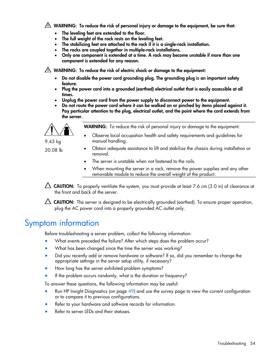 Symptom information | HP ProLiant BL20p G4 Server-Blade User Manual | Page 54 / 91