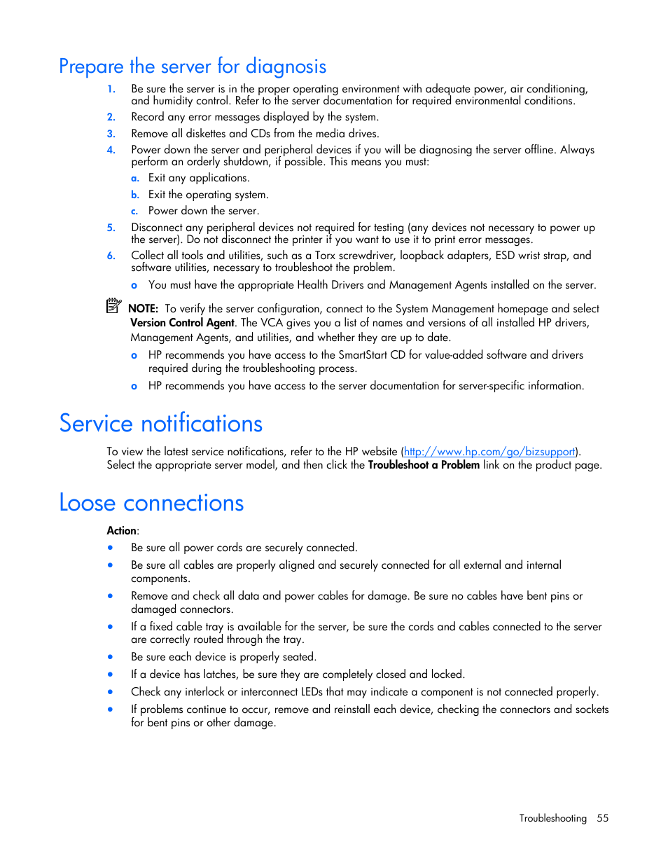 Prepare the server for diagnosis, Service notifications, Loose connections | HP ProLiant BL20p G4 Server-Blade User Manual | Page 55 / 91
